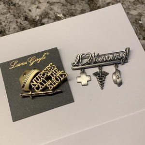 Lot Of 2 Brooch Pins Nurse Call The Shots (Laura) - I Heart Nurses (signed JJ)